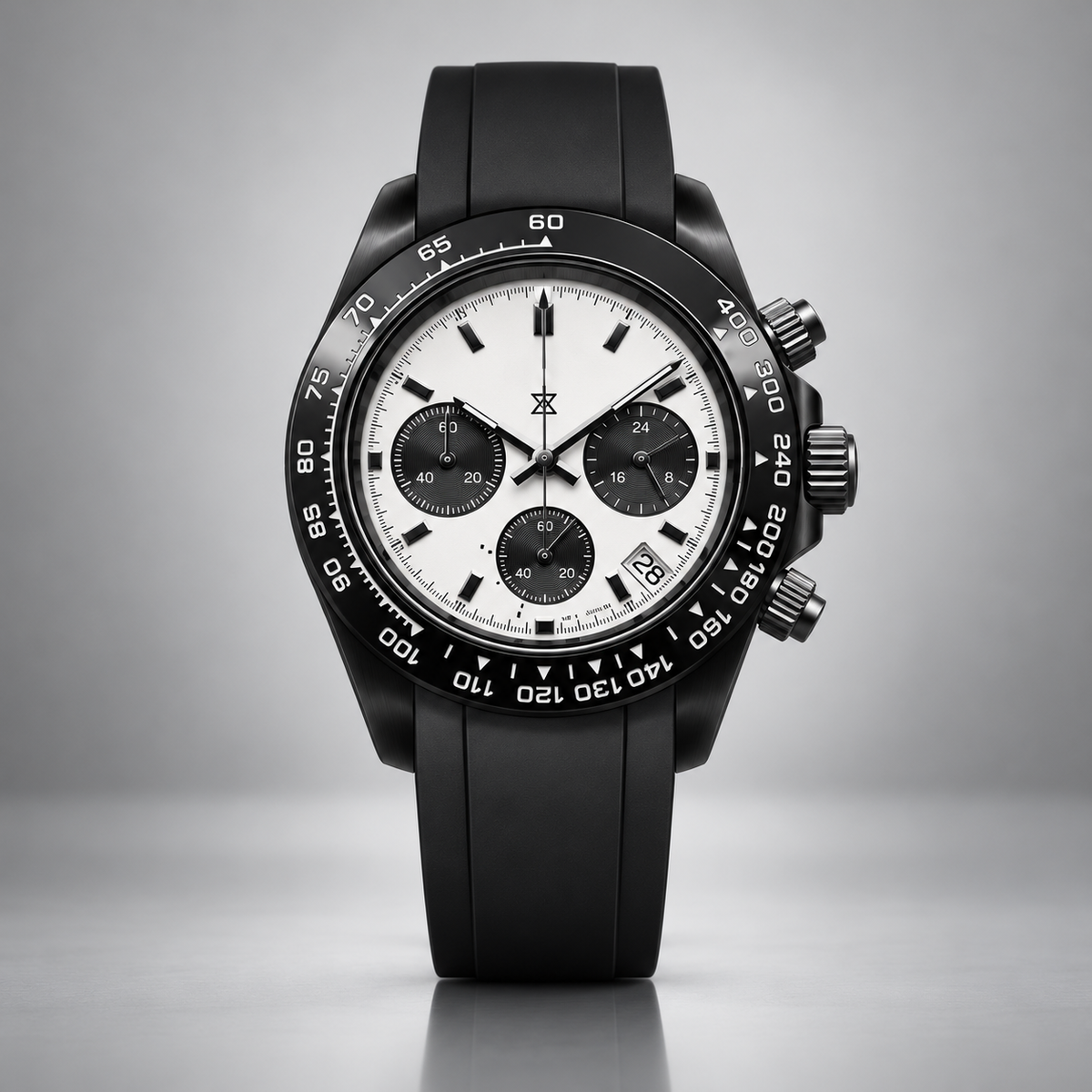 CrownLab Speedline Stealth Monochrome black case rubber strap and chronograph dial, front studio view