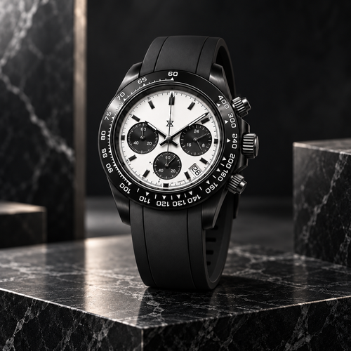 CrownLab Stealth Monochrome chronograph angled on black marble studio pedestal