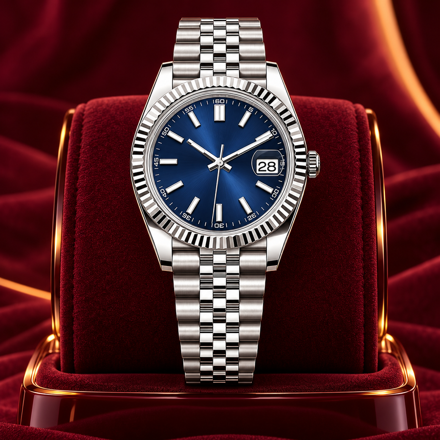 Abyss-blue Crownline automatic date watch standing on a burgundy velvet display cushion