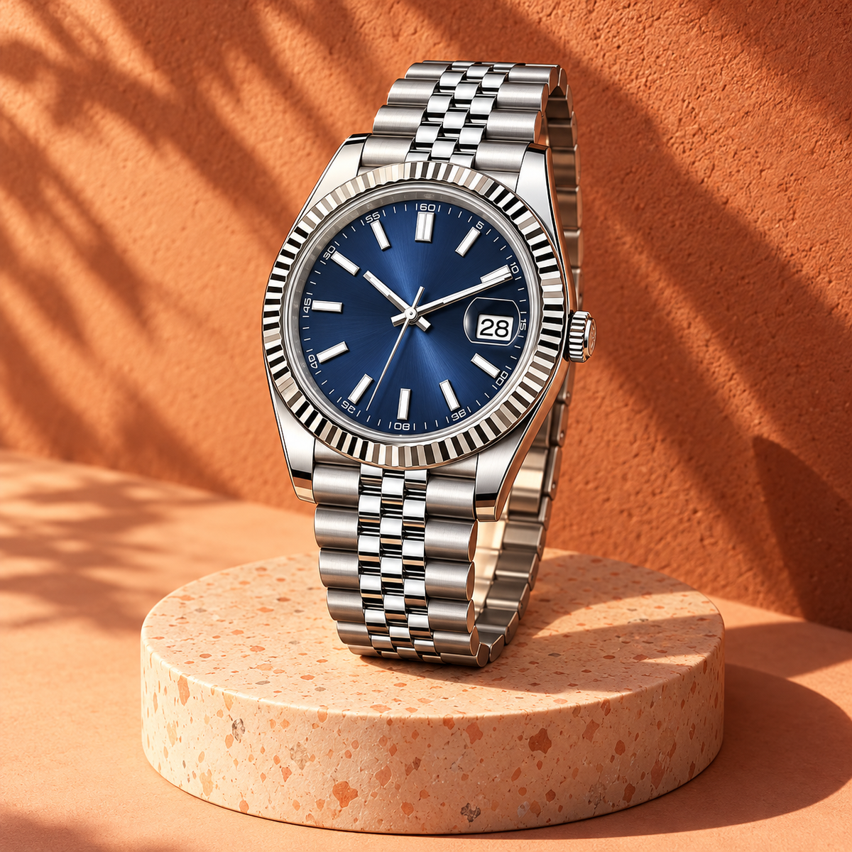 Abyss-blue Crownline date watch with Jubilee bracelet on a terracotta plinth