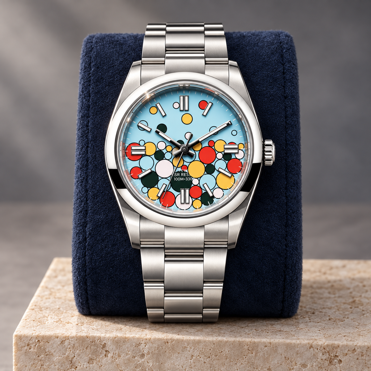 Crownline Automatic Balloon with three-link bracelet on navy suede display