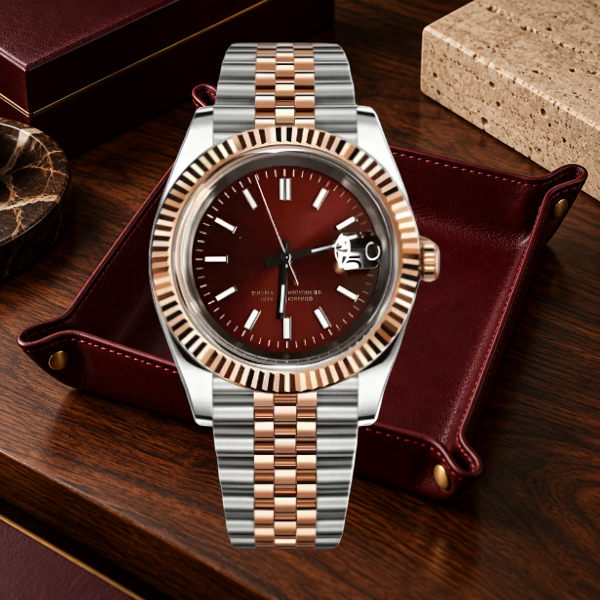 Crownline Date Two-Tone Burgundy Red on an oxblood leather tray over walnut