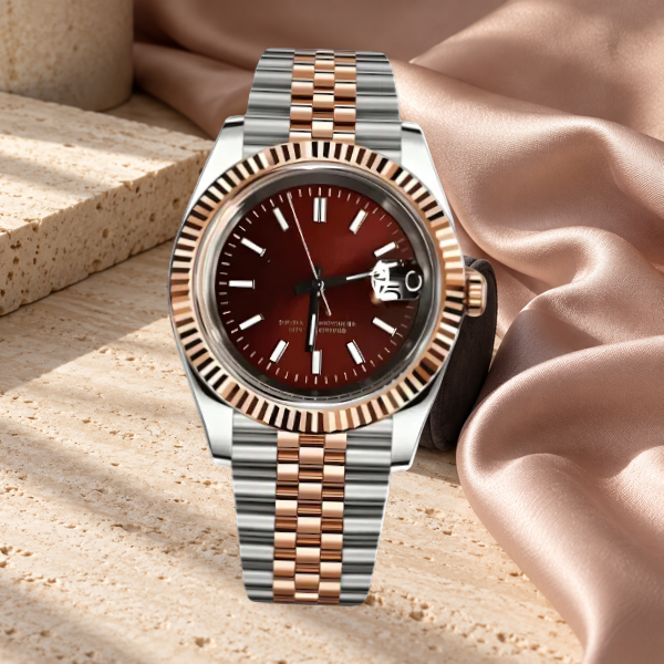Crownline Date Two-Tone Burgundy Red on pale travertine with blush silk