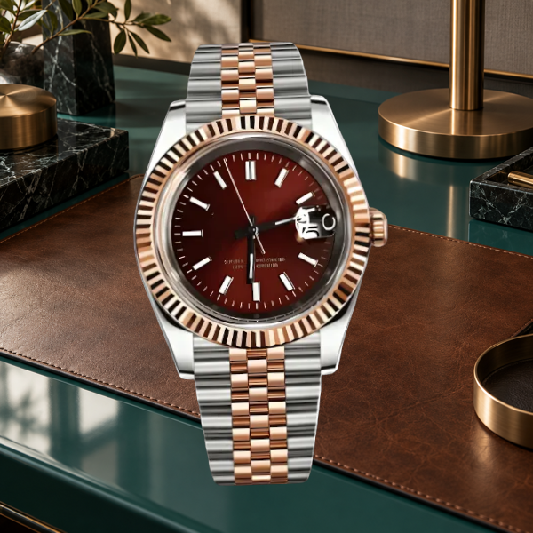 Crownline Date Two-Tone Burgundy Red on a tobacco leather pad against teal lacquer