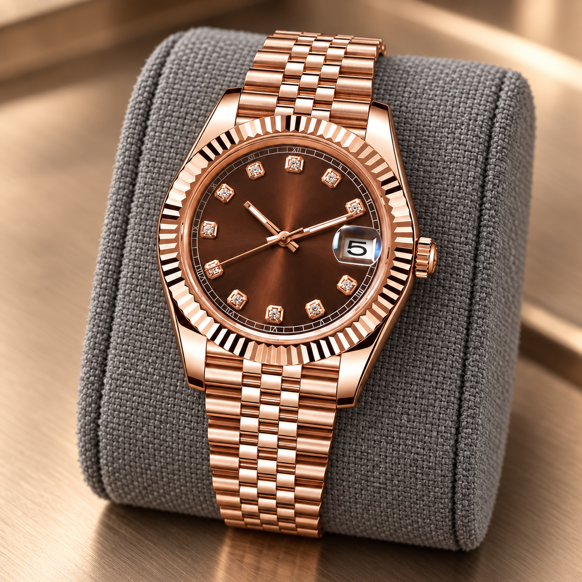 Side view of Crownline Date Chocolate brown-dial watch showing crown and Jubilee bracelet on grey woven cushion