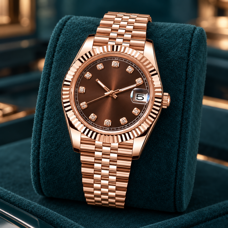 Crownline Date Chocolate automatic watch with brown dial and Jubilee bracelet, upright on deep teal velvet cushion