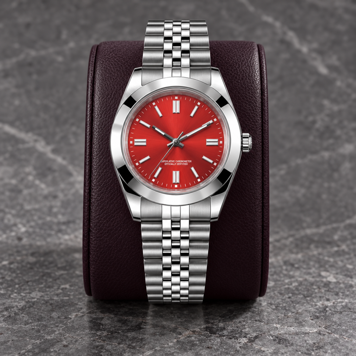 Crownline Automatic Red with Jubilee steel bracelet on burgundy leather cushion