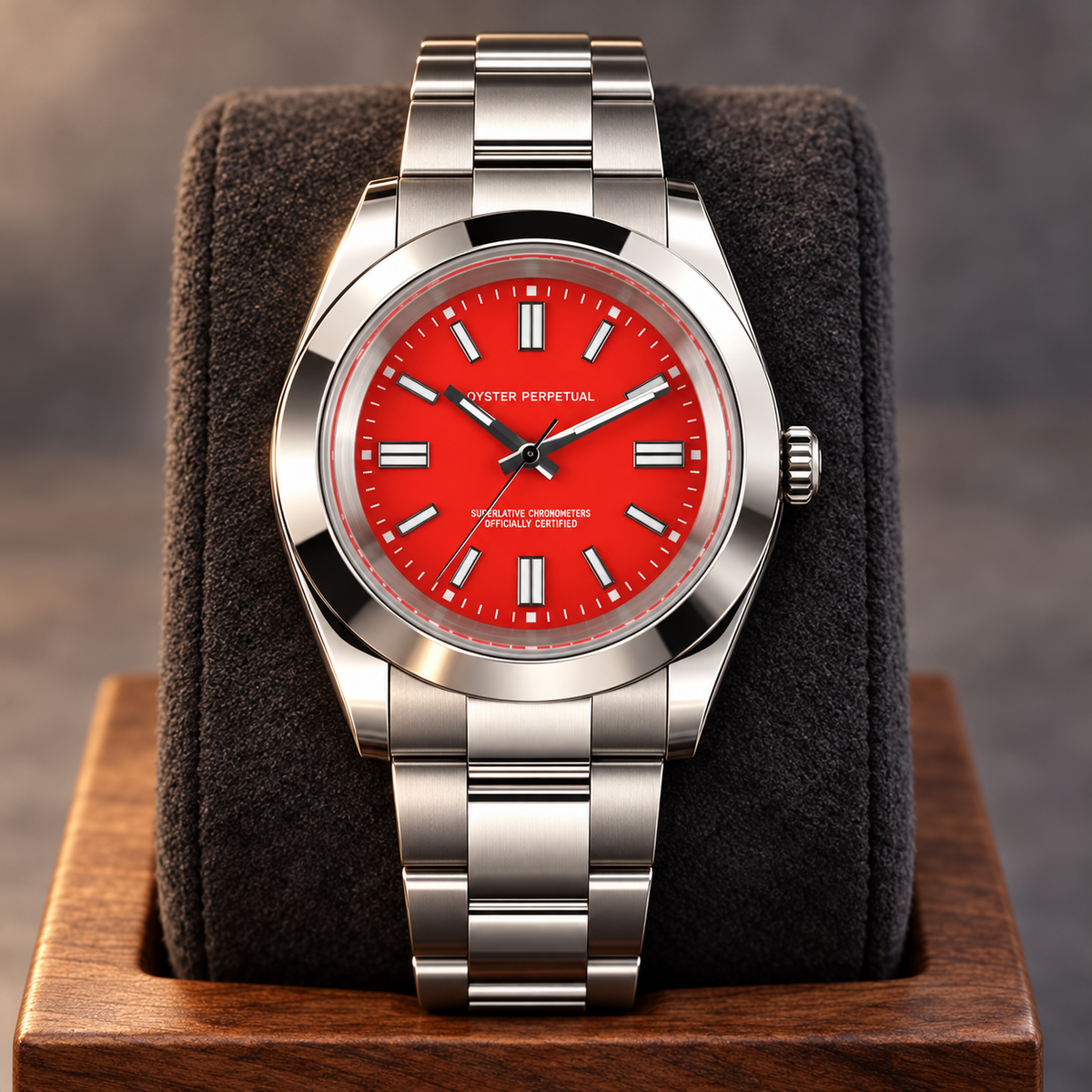 Crownline Automatic Red with three-link steel bracelet on charcoal suede display