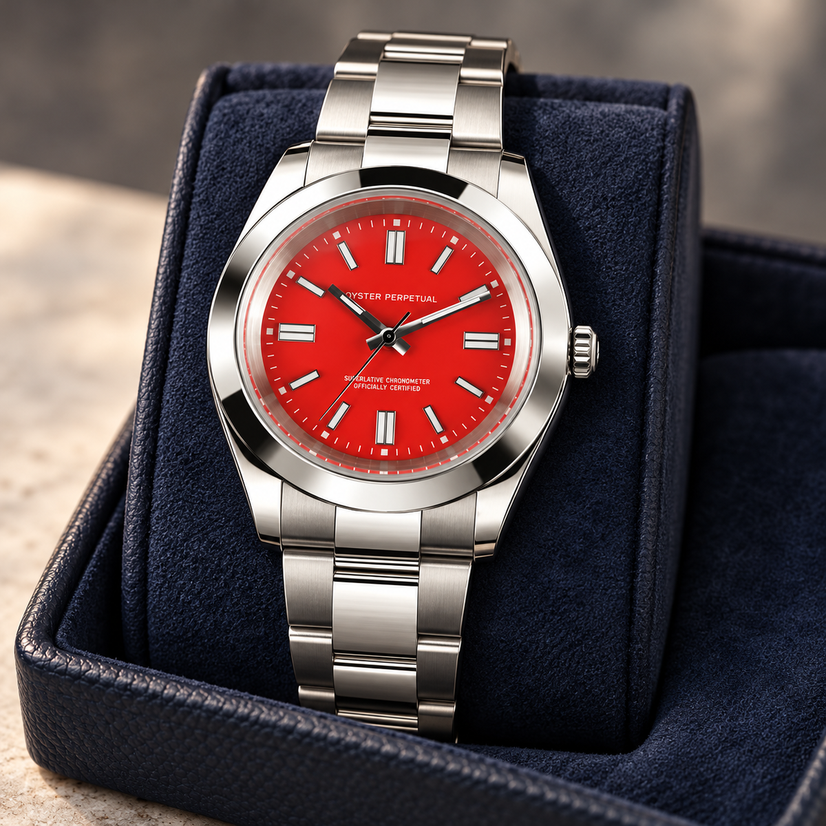 Crownline Automatic Red with three-link steel bracelet in navy suede-lined tray