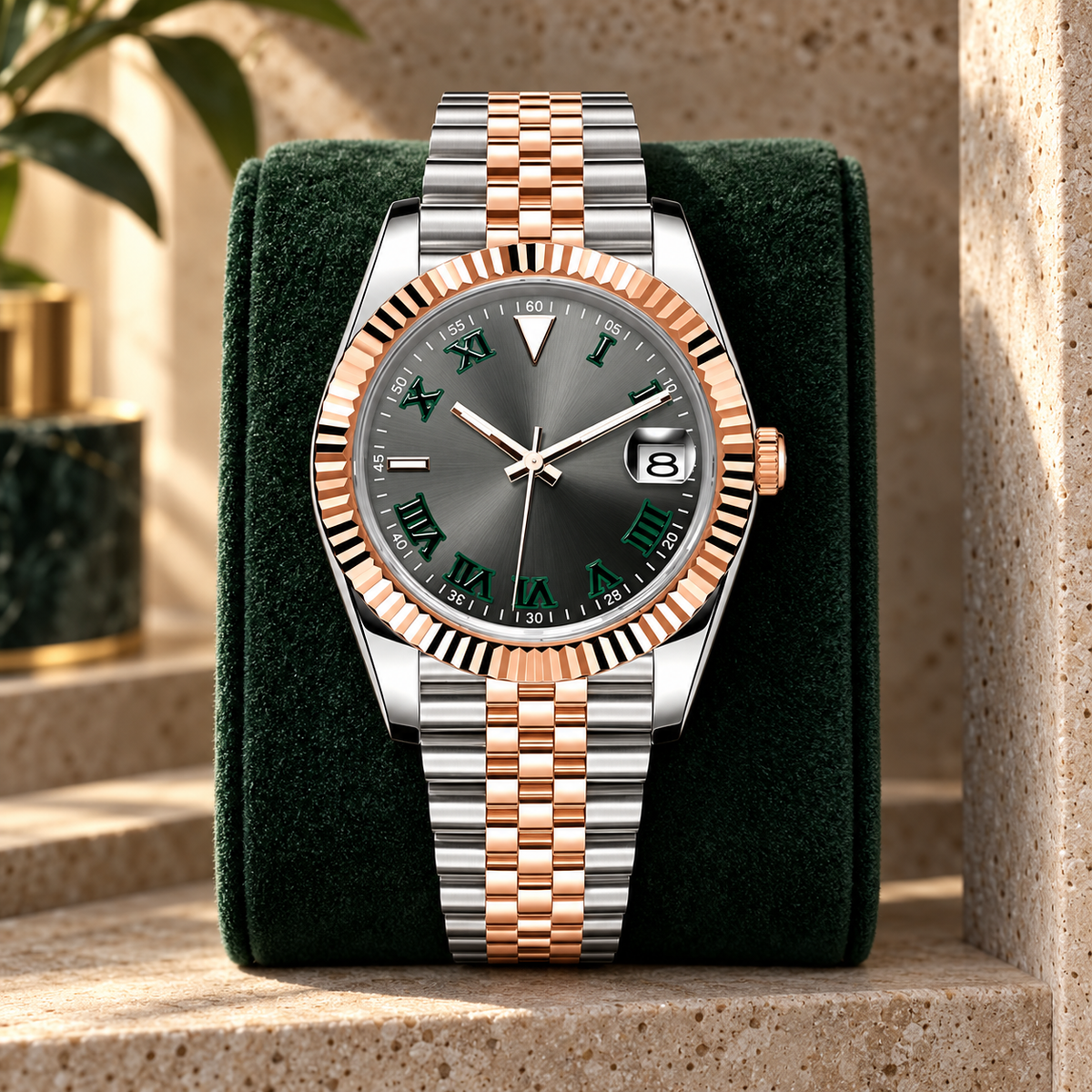 Crownline Date Two-Tone Slate Roman Eclipse on forest green cushion