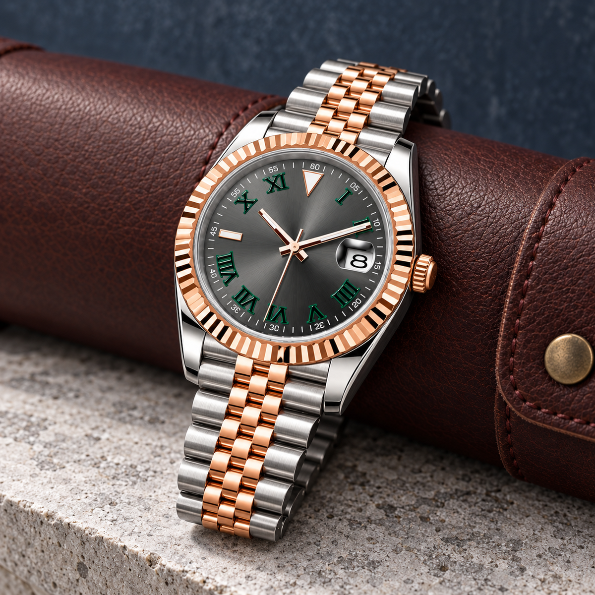 Crown-side profile of Crownline Date Two-Tone Slate Roman Eclipse on leather roll