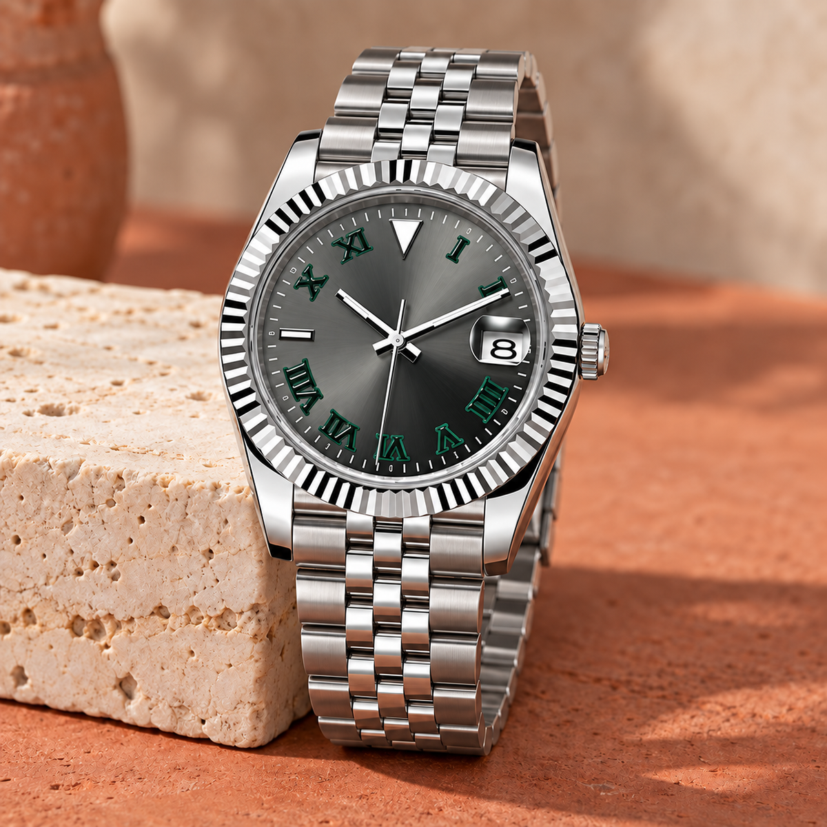 Crownline Slate Roman with Five-Link bracelet on terracotta and travertine