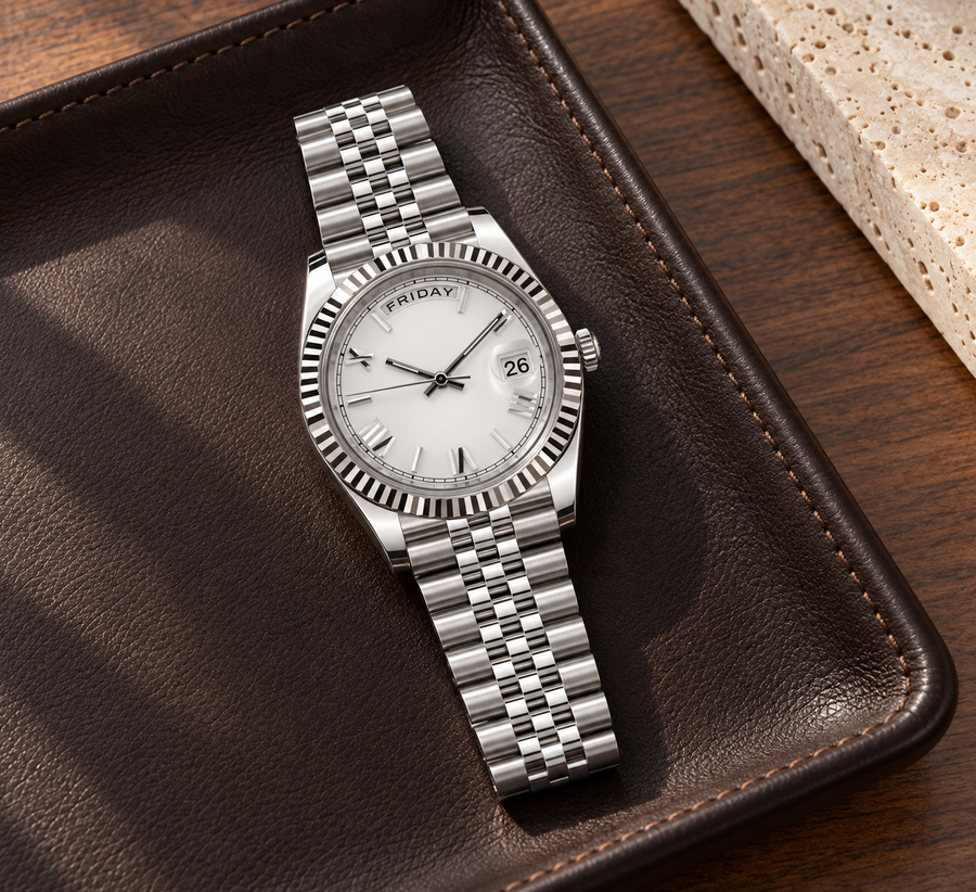 Dayline Ghost White Jubilee bracelet on dark brown leather