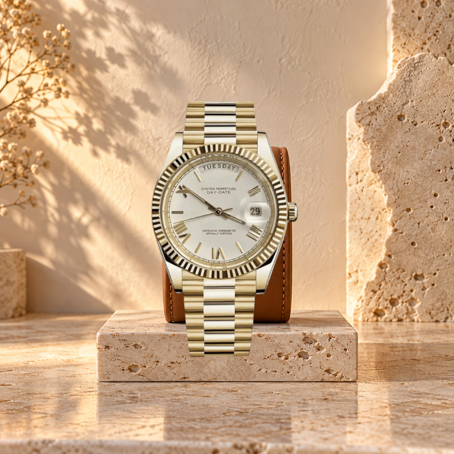 Dayline Gold Roman White on cognac leather display cushion and cream travertine