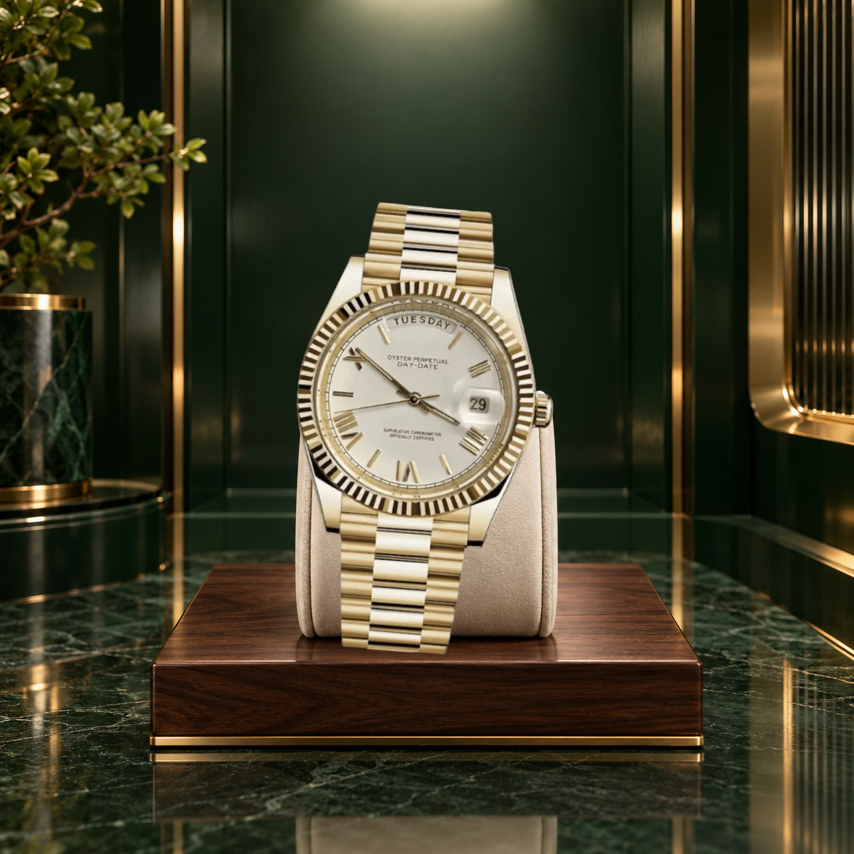 Dayline Gold Roman White on ivory velvet against forest-green lacquer and walnut