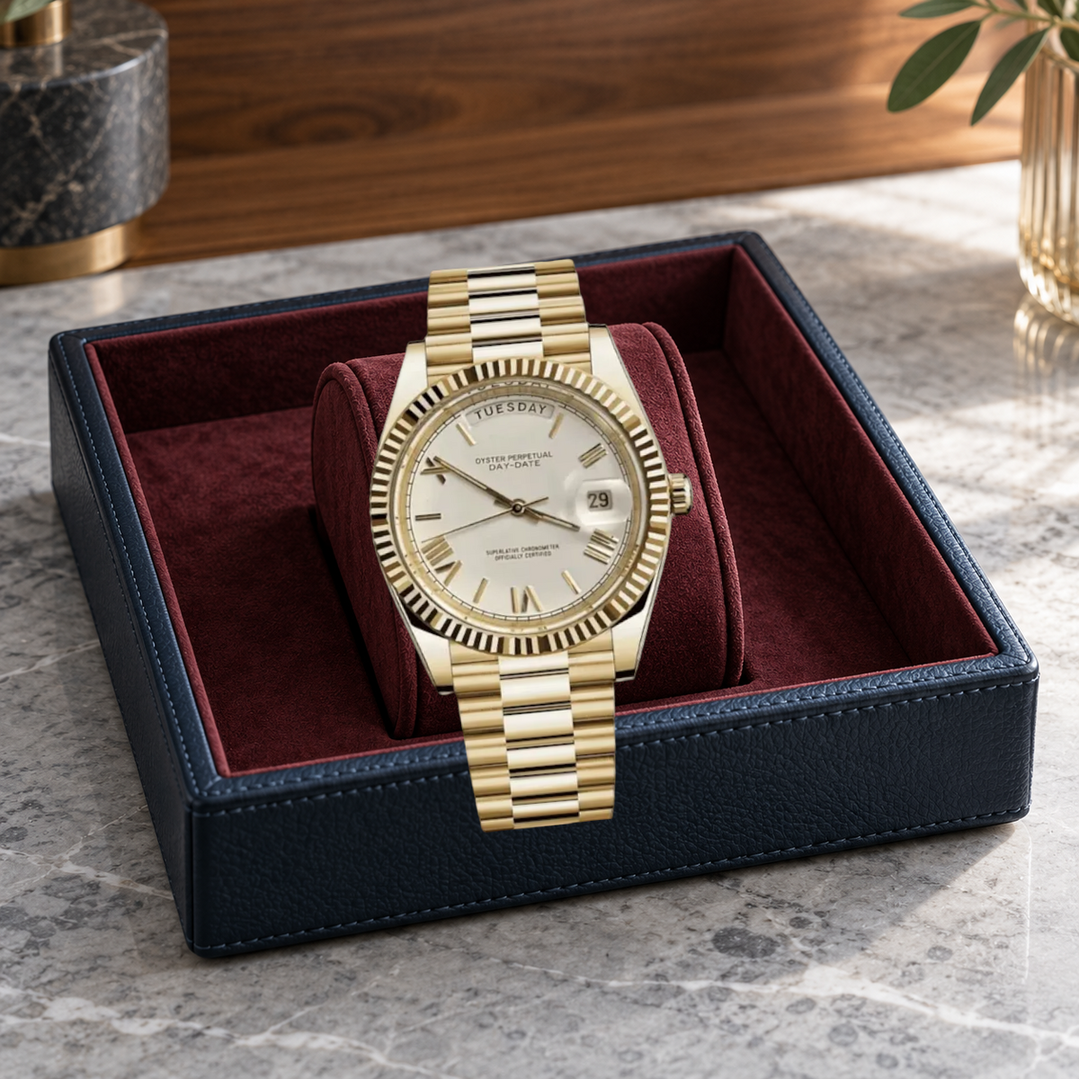 Dayline Gold Roman White displayed on burgundy suede in a charcoal leather valet tray