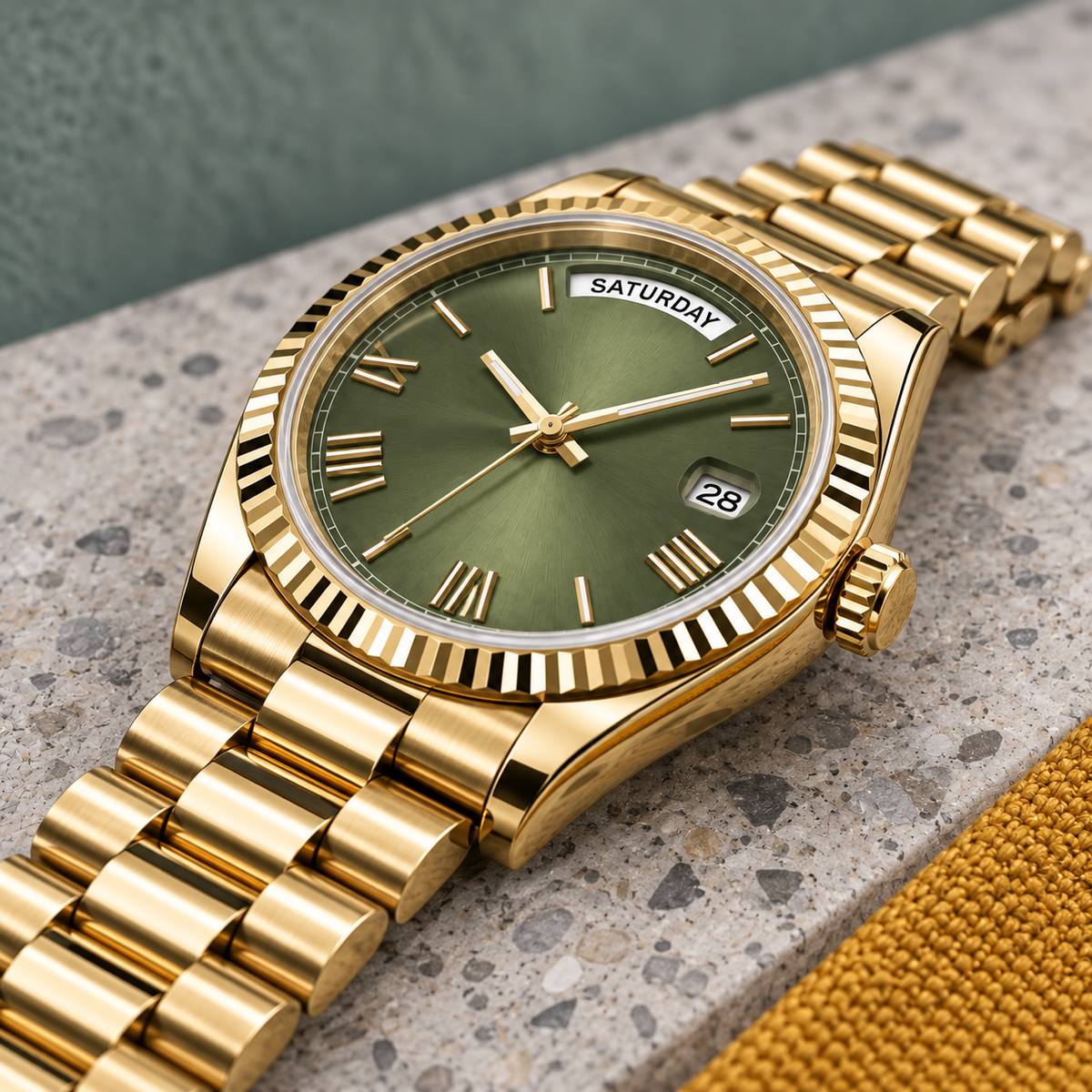 Dayline Imperial Gold and Mint Green crown-side detail on terrazzo