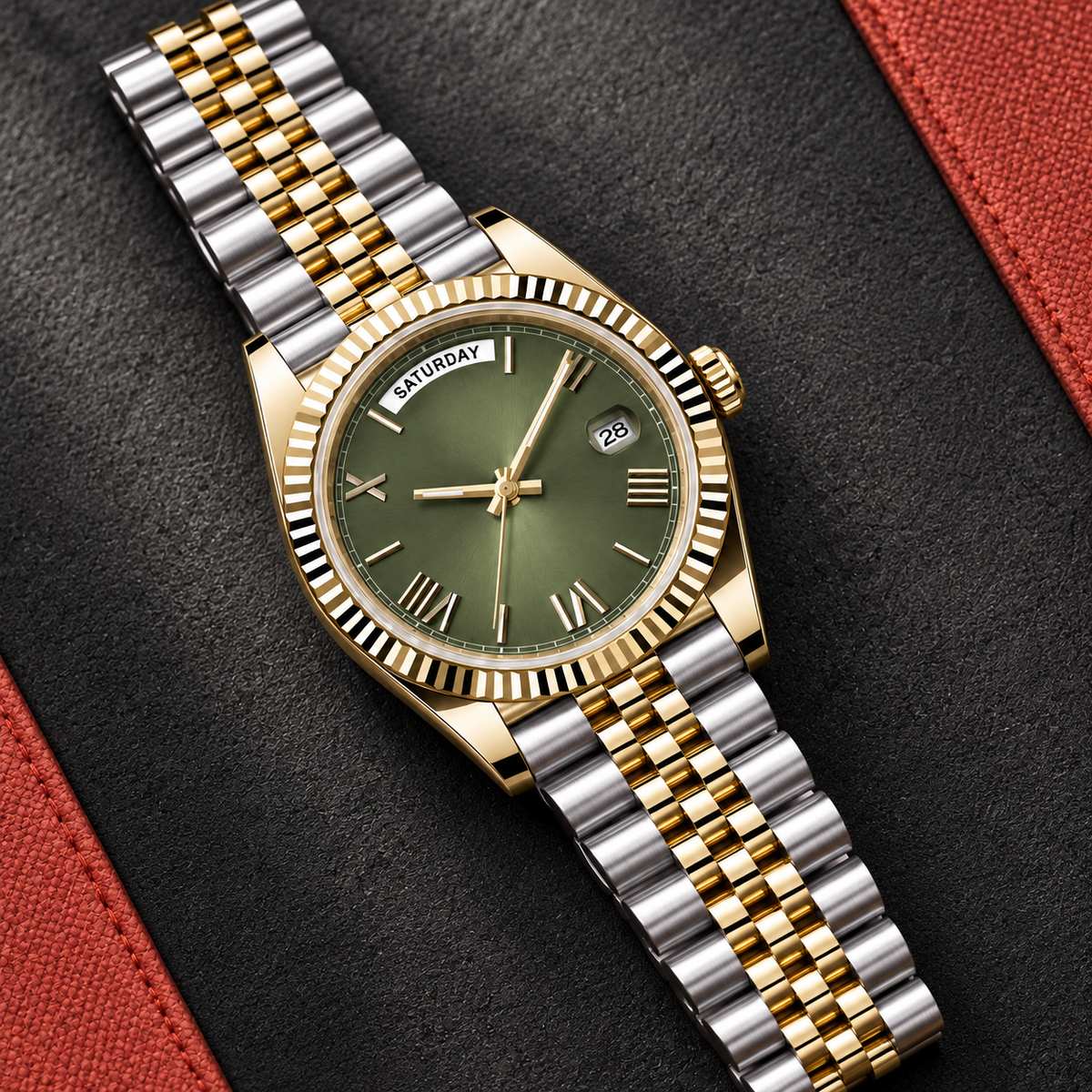 Dayline Imperial Gold and Mint Green two-tone Jubilee bracelet on charcoal mat