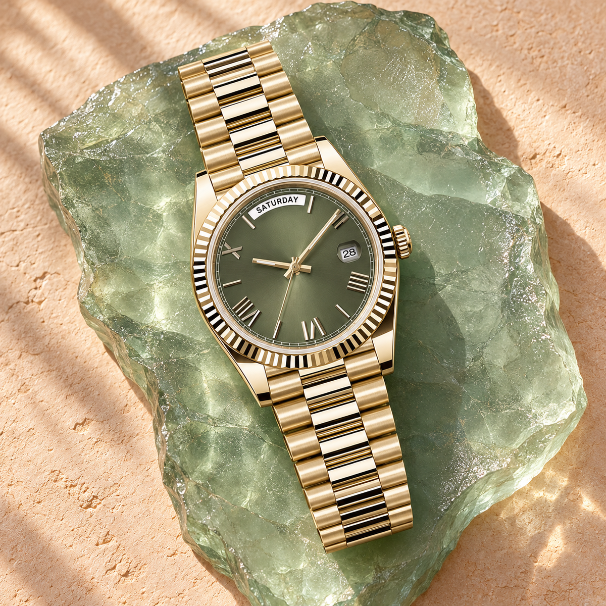 Dayline Imperial Gold and Mint Green five-link day-date watch on sea glass