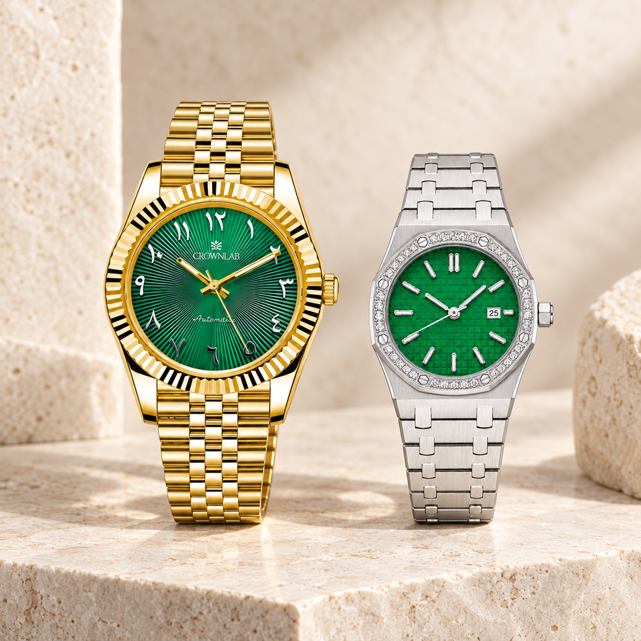Emerald couple watches paired hero — His and Hers