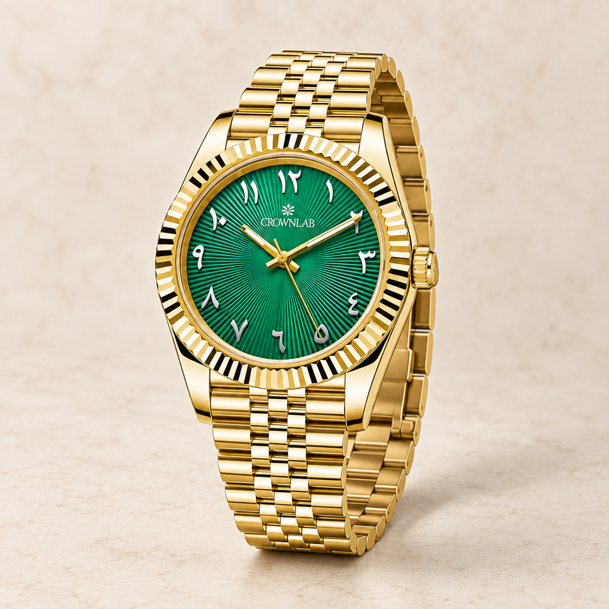 His gold Emerald Arabic numeral watch