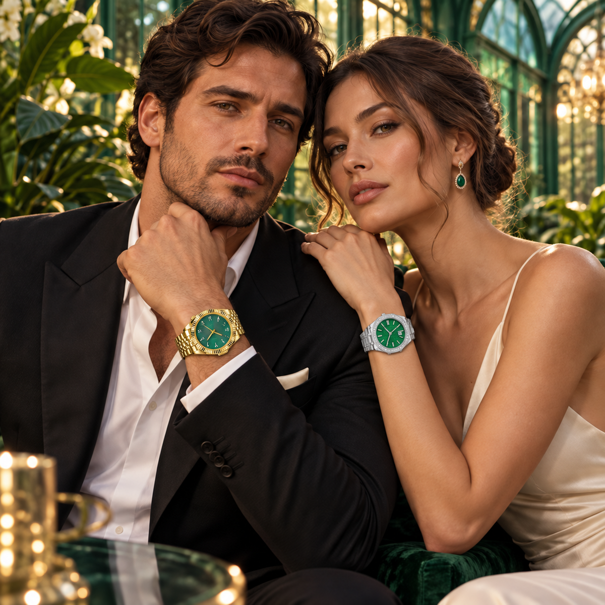 Emerald couple watches worn naturally with the men's face turned correctly
