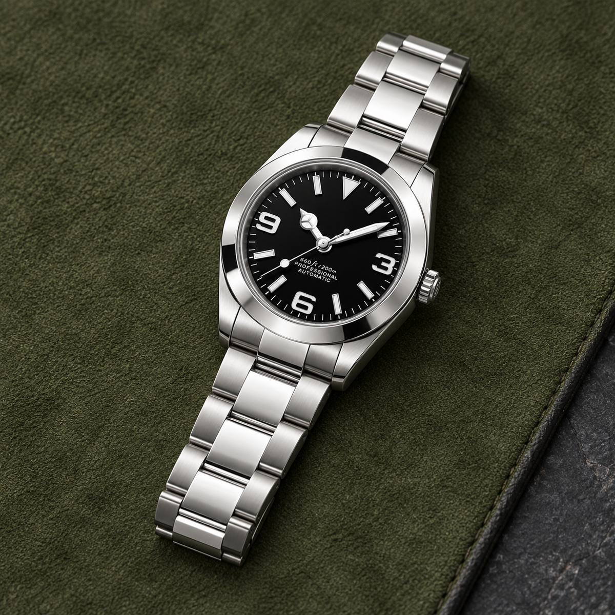 Crownline Automatic Black three-link bracelet laid on an olive watchmaker's mat
