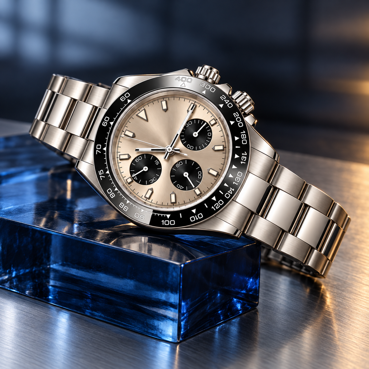 Speedline Champagne Chronograph side angle on cobalt glass