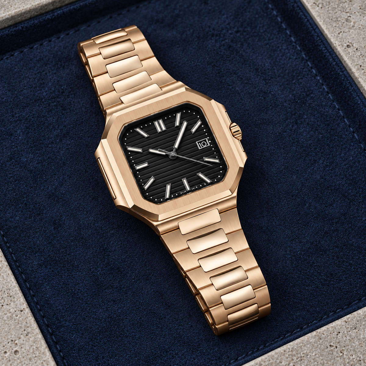 Geometric Signature black dial on midnight-blue suede flatlay