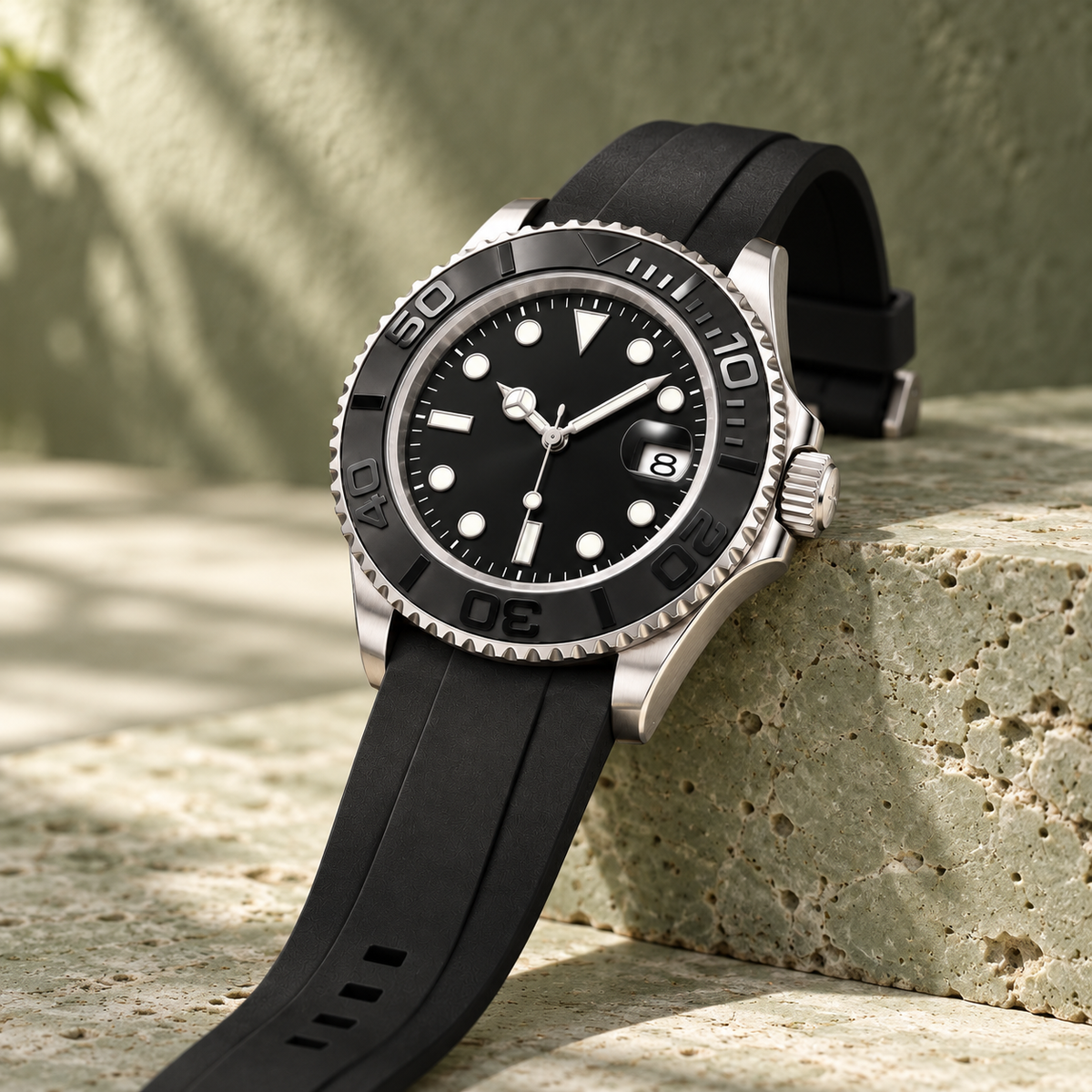 Yachtline Sport side-angle black diver on sage travertine