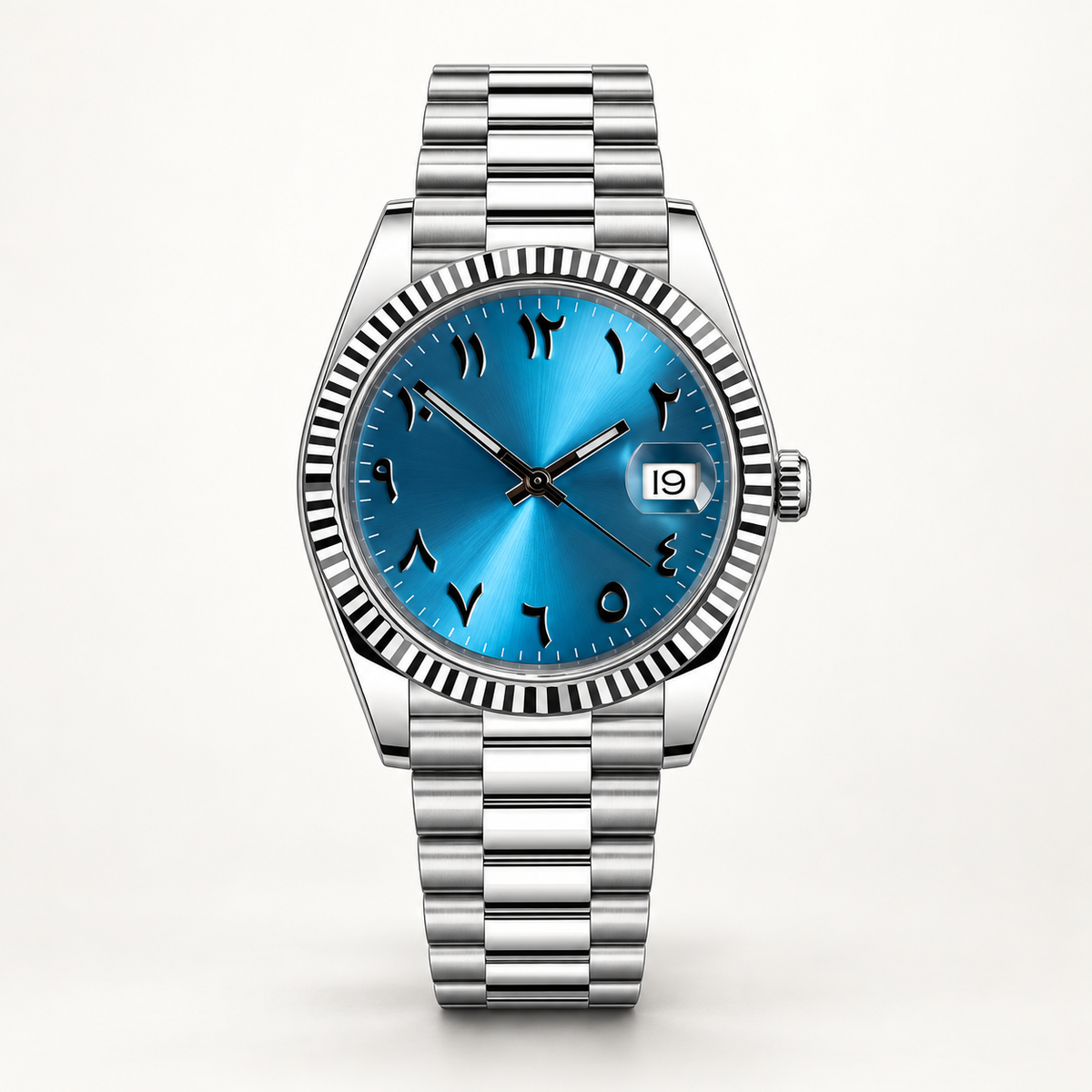 His deep ice blue watch