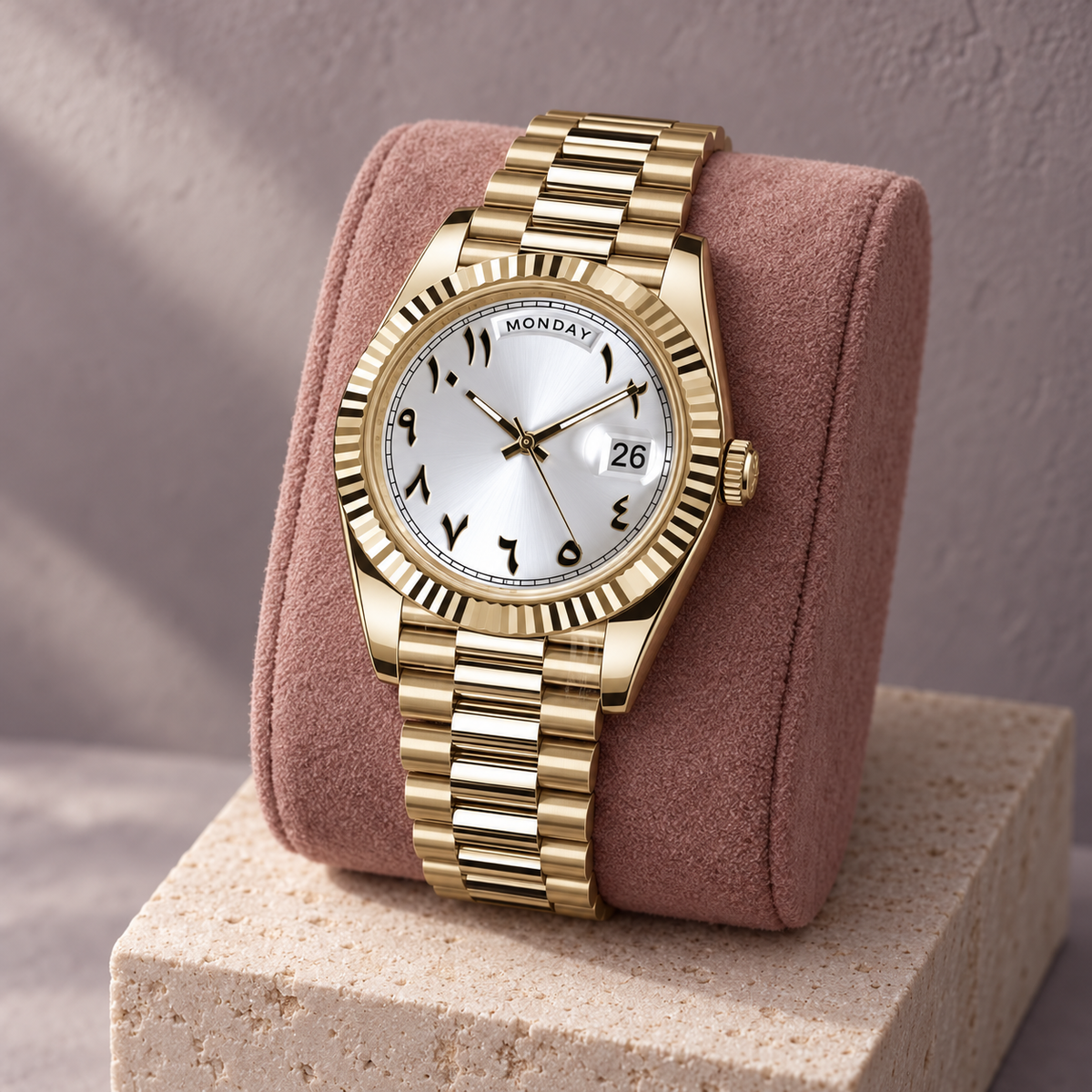 Dayline Gold Arabic White watch on a dusty rose display cushion and pale stone