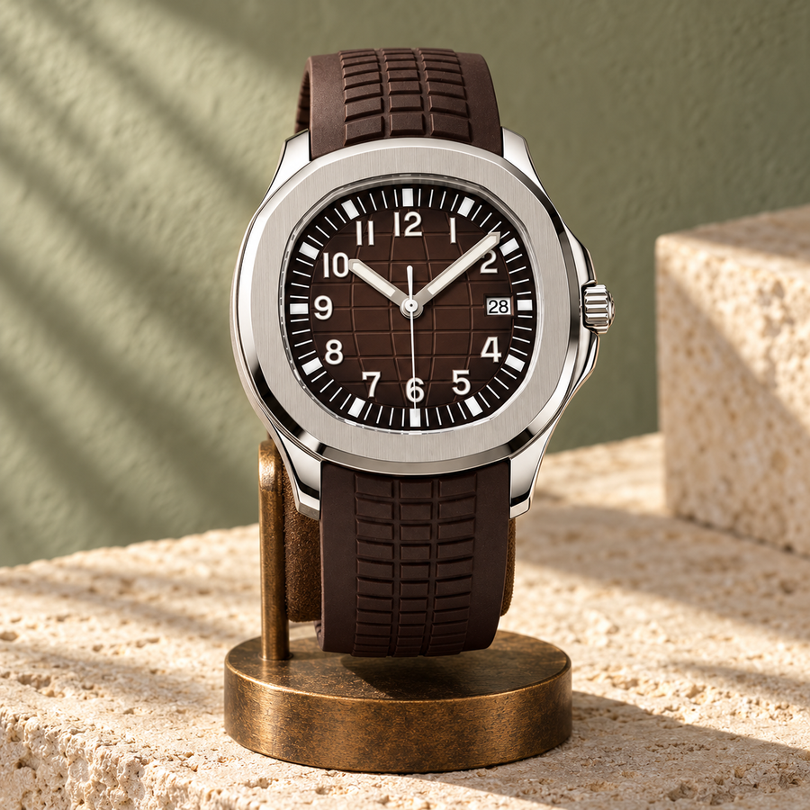 Nautiko Sienna Brown on aged-bronze display stand against sage plaster