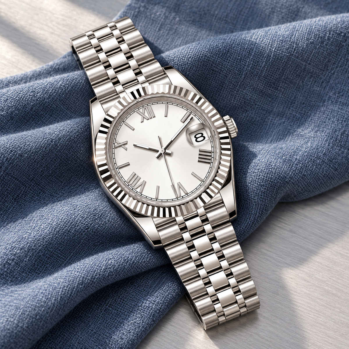 Crown Numeral Ghost White five-link bracelet on slate-blue linen