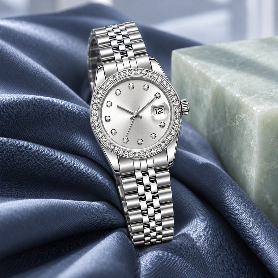 Silver Crystal Classic 31mm or 36mm watch on slate-blue silk and celadon stone