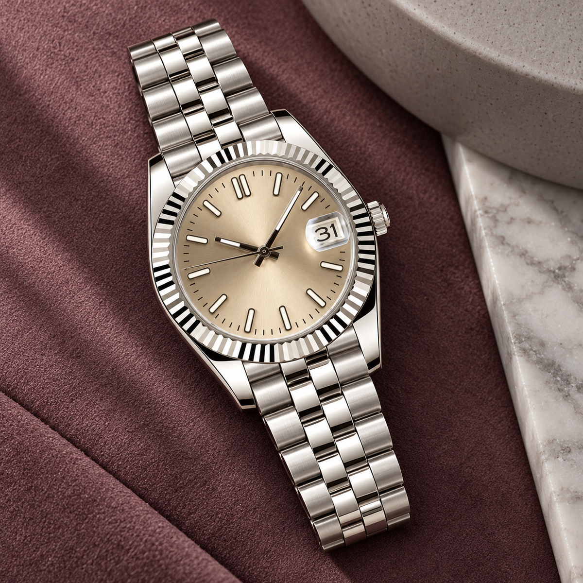 Crownline Champagne watch with five-link bracelet on plum suede