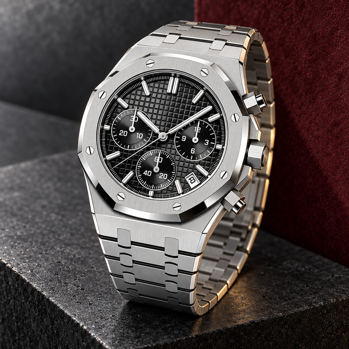 Royal Sportline Stealth Black chronograph angled on basalt beside burgundy suede