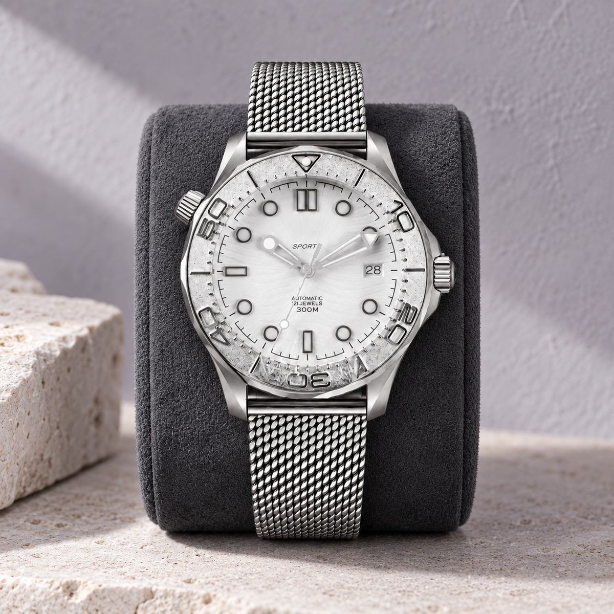 Oceanline Diver Glacier white dial with date 28 on charcoal display cushion and glacier limestone