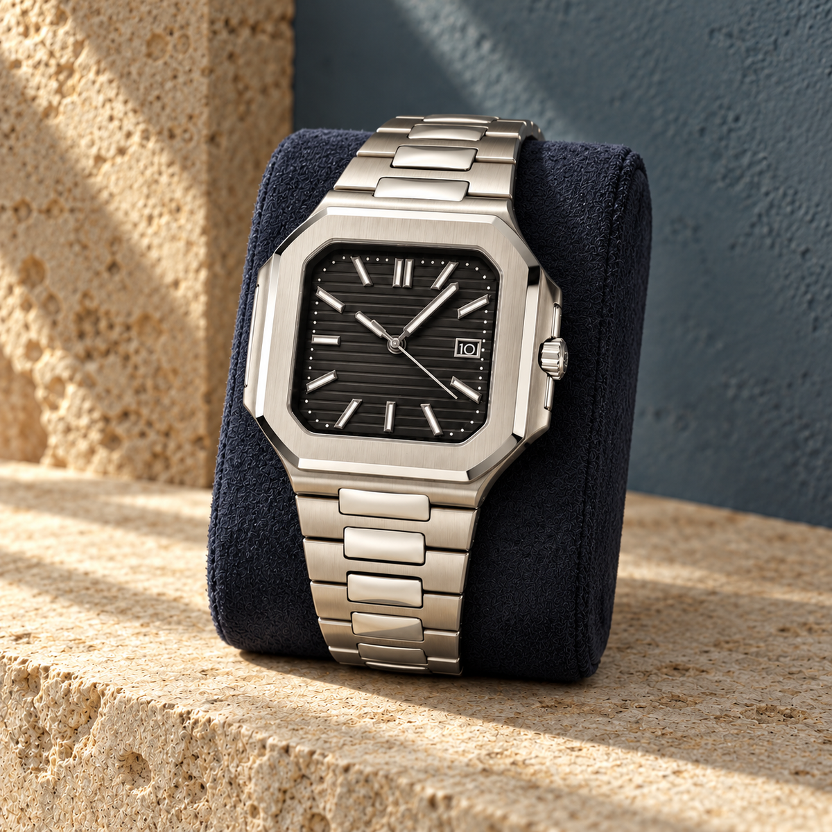 Nautiko Geometric Horizon on navy cushion and ochre limestone