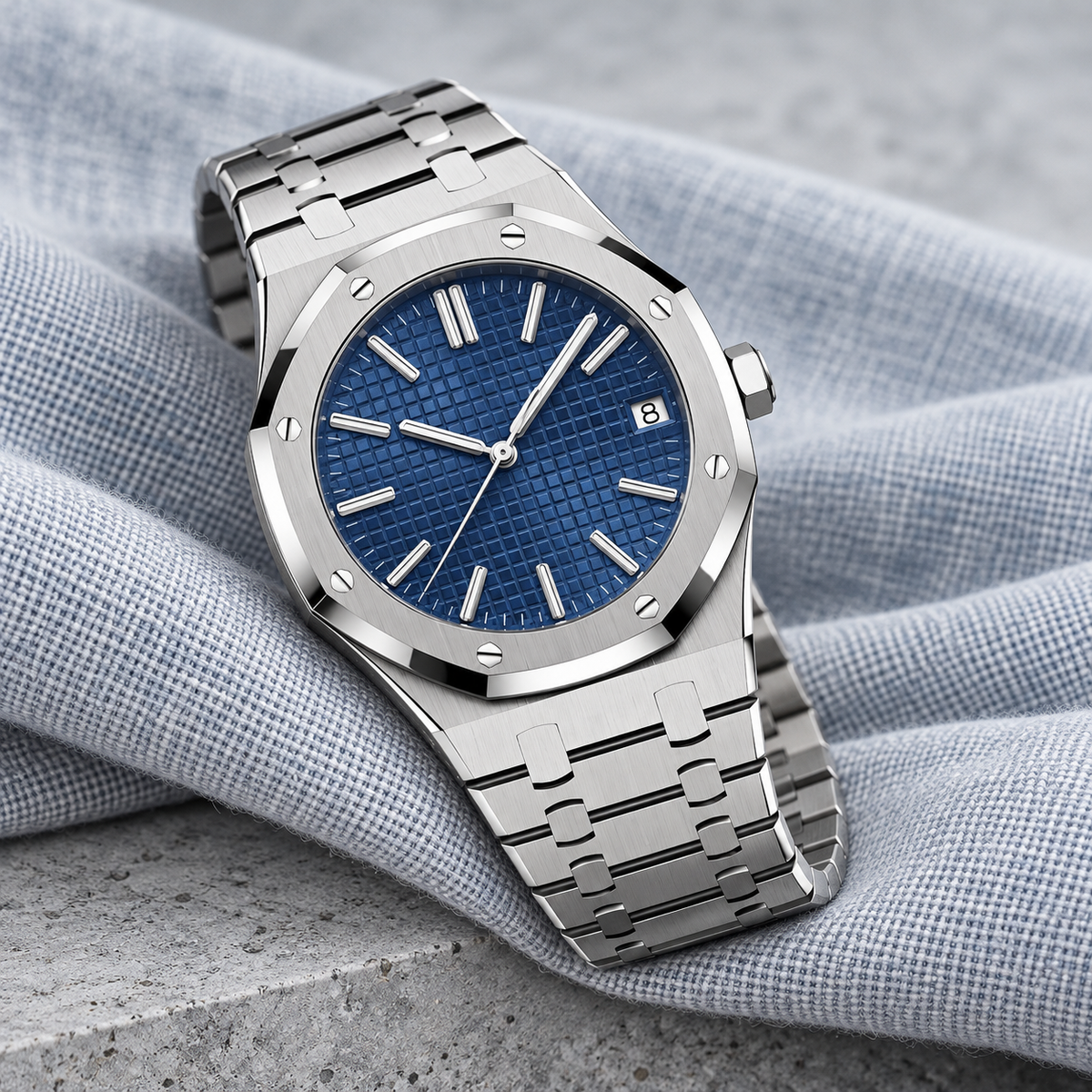 Royal Sportline Abyss Blue watch resting on blue-grey woven linen