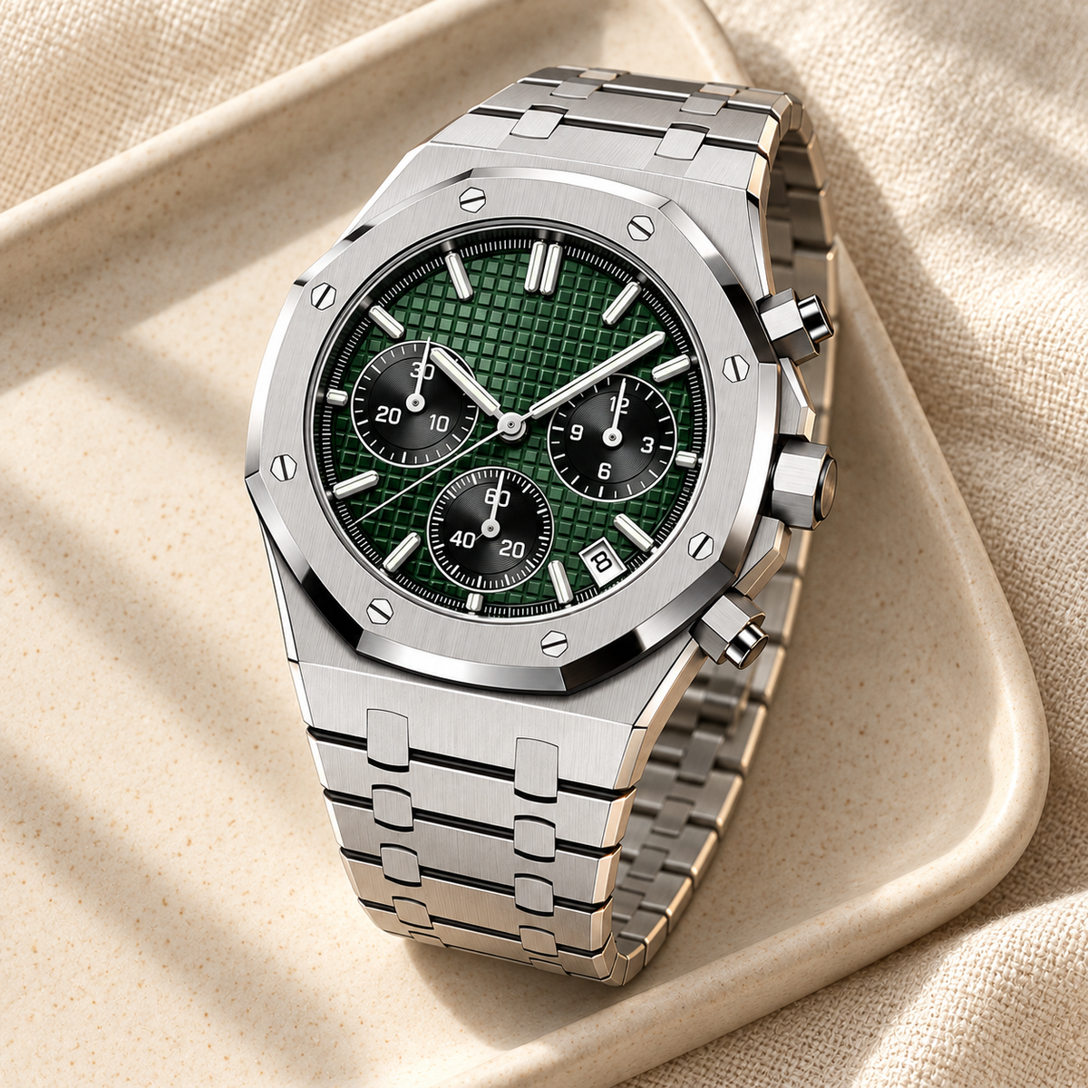 Royal Sportline Forest Green chronograph resting in a pale ceramic tray on ecru linen