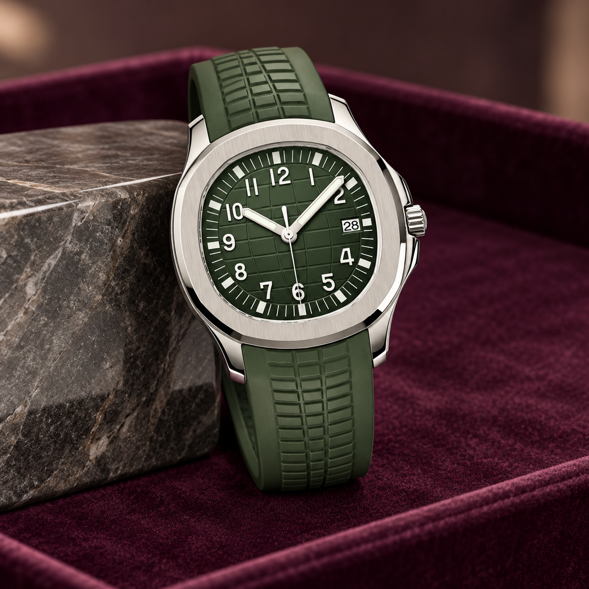 Nautiko Forest Green watch supported beside dark stone on plum velvet