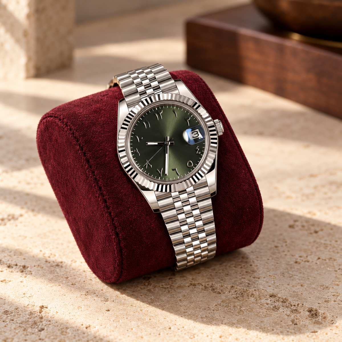 Arabic Heritage Steel & Olive Green watch resting on burgundy suede over warm limestone