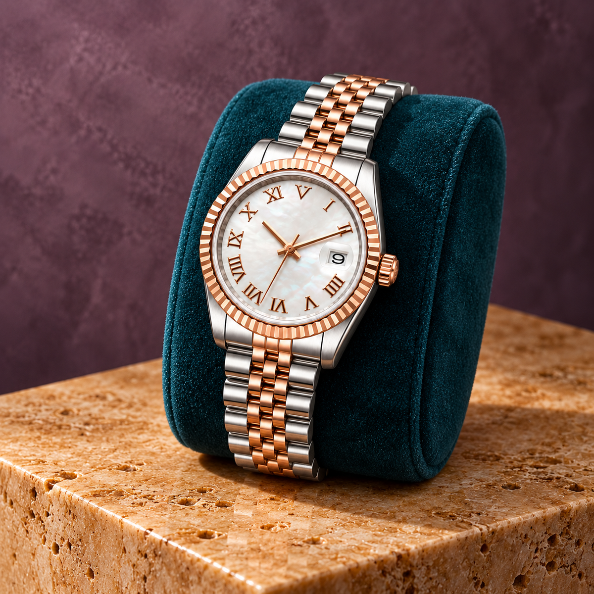 Rose Gold Roman Pearl Dial watch on teal suede and amber stone
