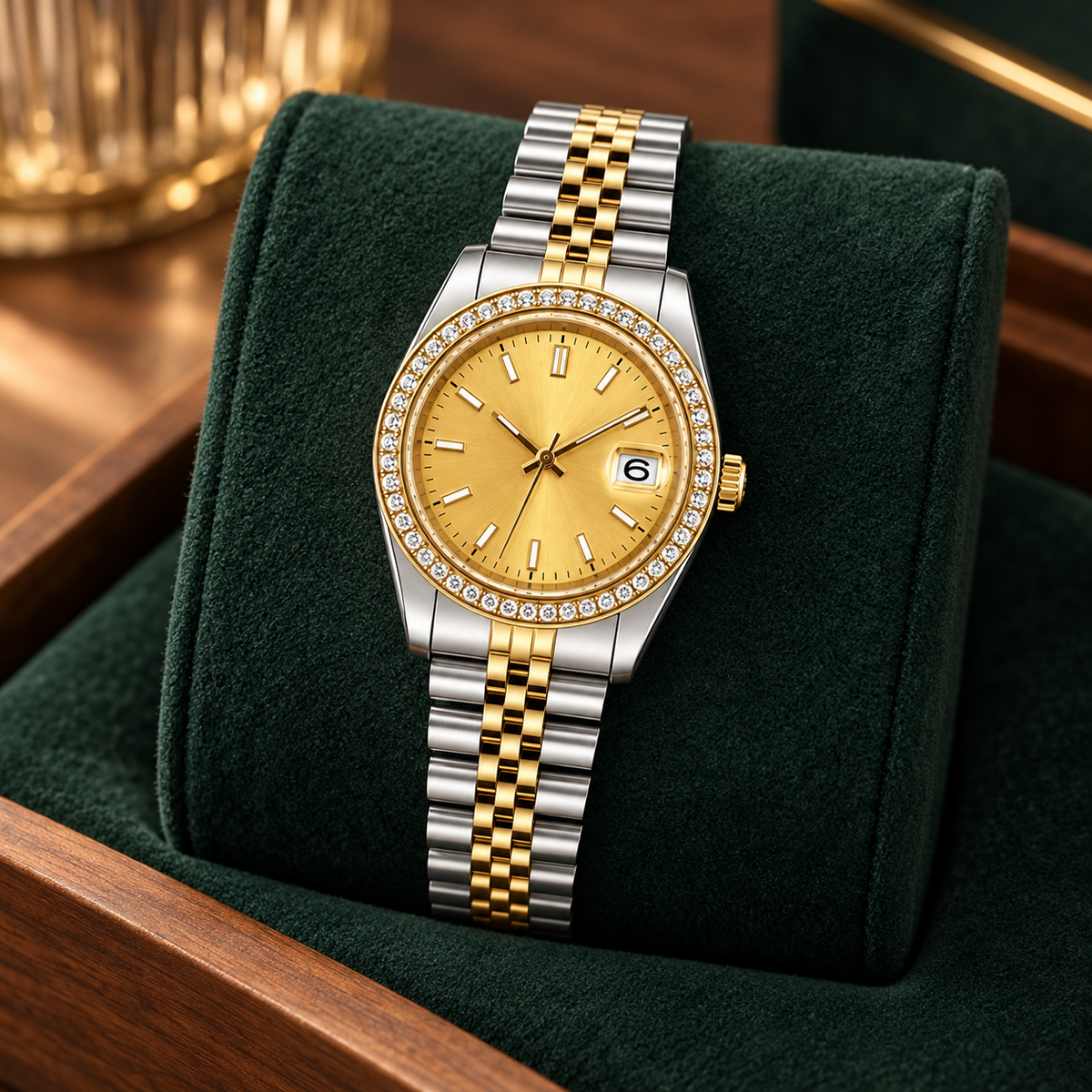 Lady Crownline Two-Tone Gold Crystal watch with gold dial on forest-green suede cushion