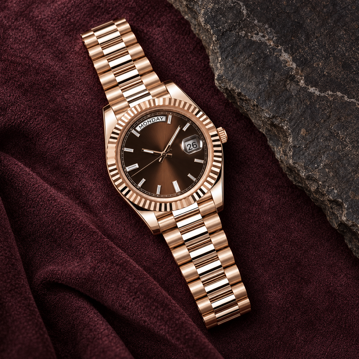 Rose-gold chocolate calendar watch laid on aubergine suede and charcoal stone