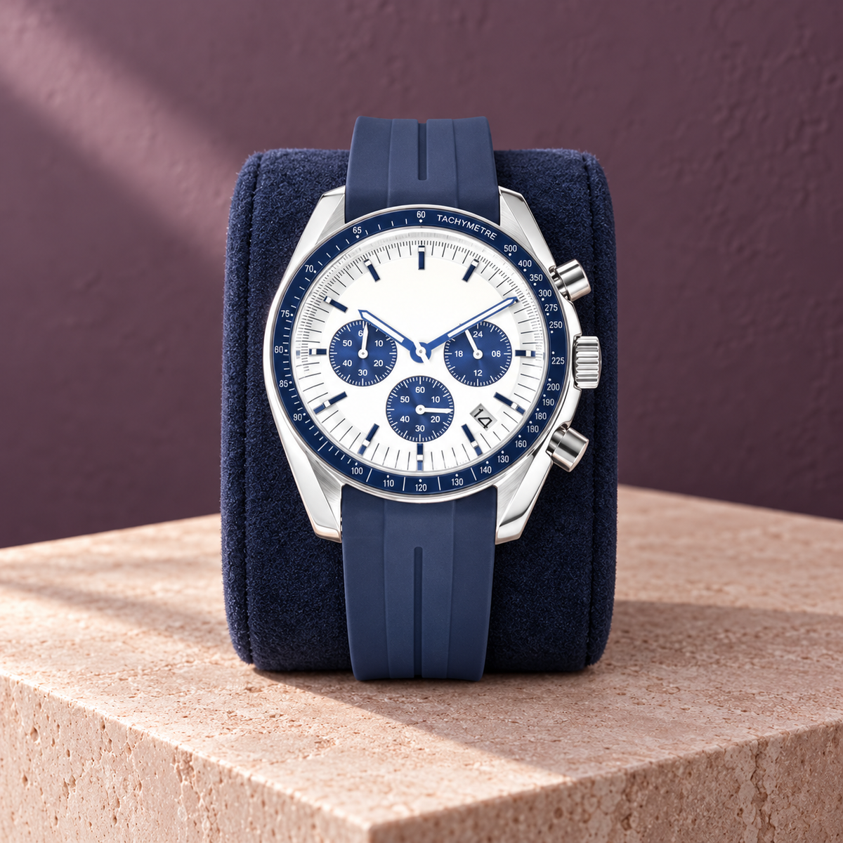Moon White chronograph upright on blush limestone and plum background