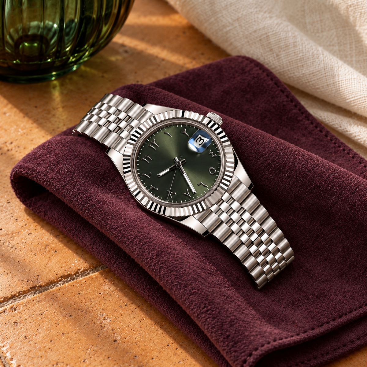 Arabic Heritage Steel & Olive Green watch on plum suede with ochre stone and cream linen
