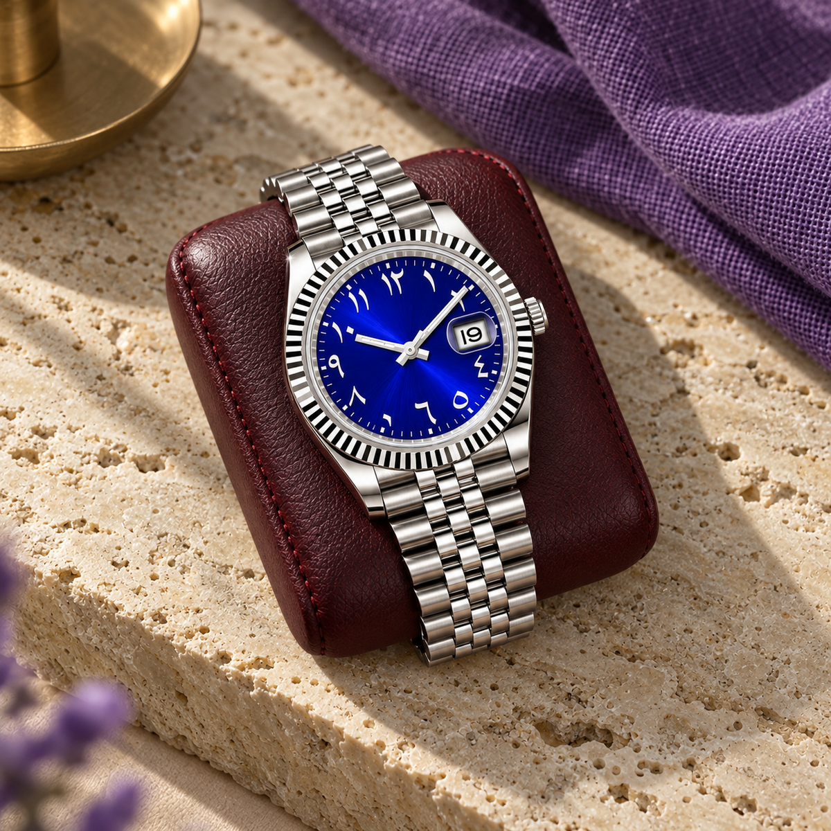 Arabic Heritage royal-blue watch on oxblood leather and olive travertine