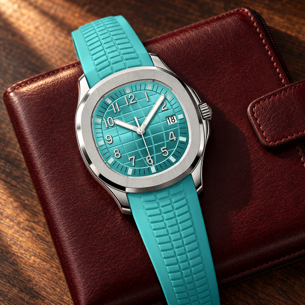 Nautiko Bright Blue turquoise rubber-strap watch laid on oxblood leather folio